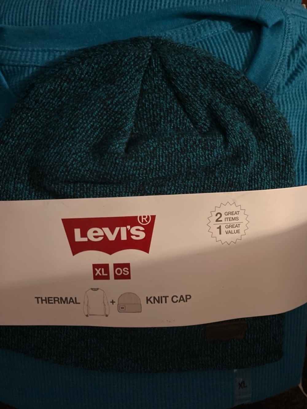 Levi's Men's Teal Crewneck Thermal Sweater with Teal Knit Cap